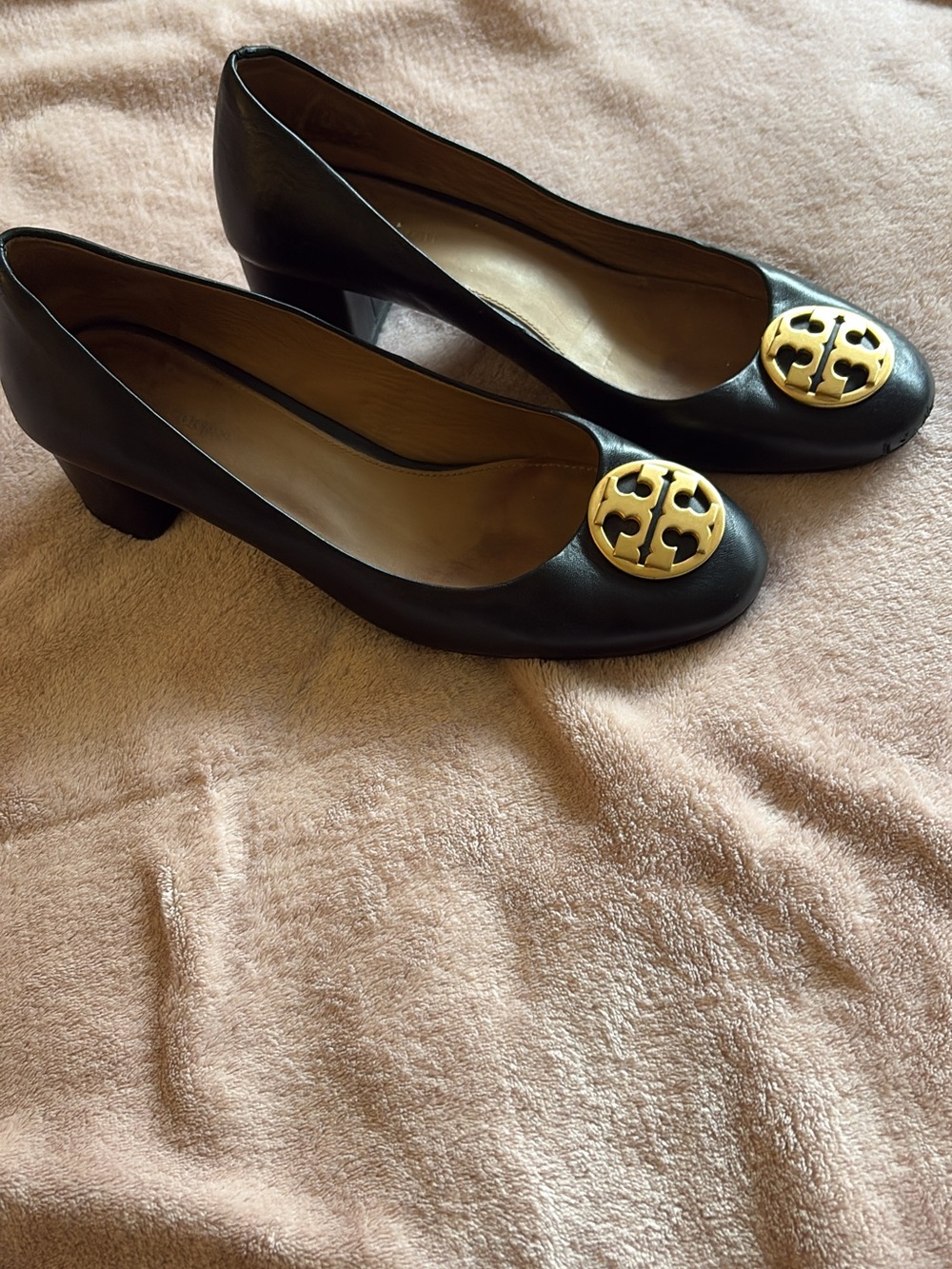 Tory Burch Black Leather Low Block Heel Pumps with Gold Logo